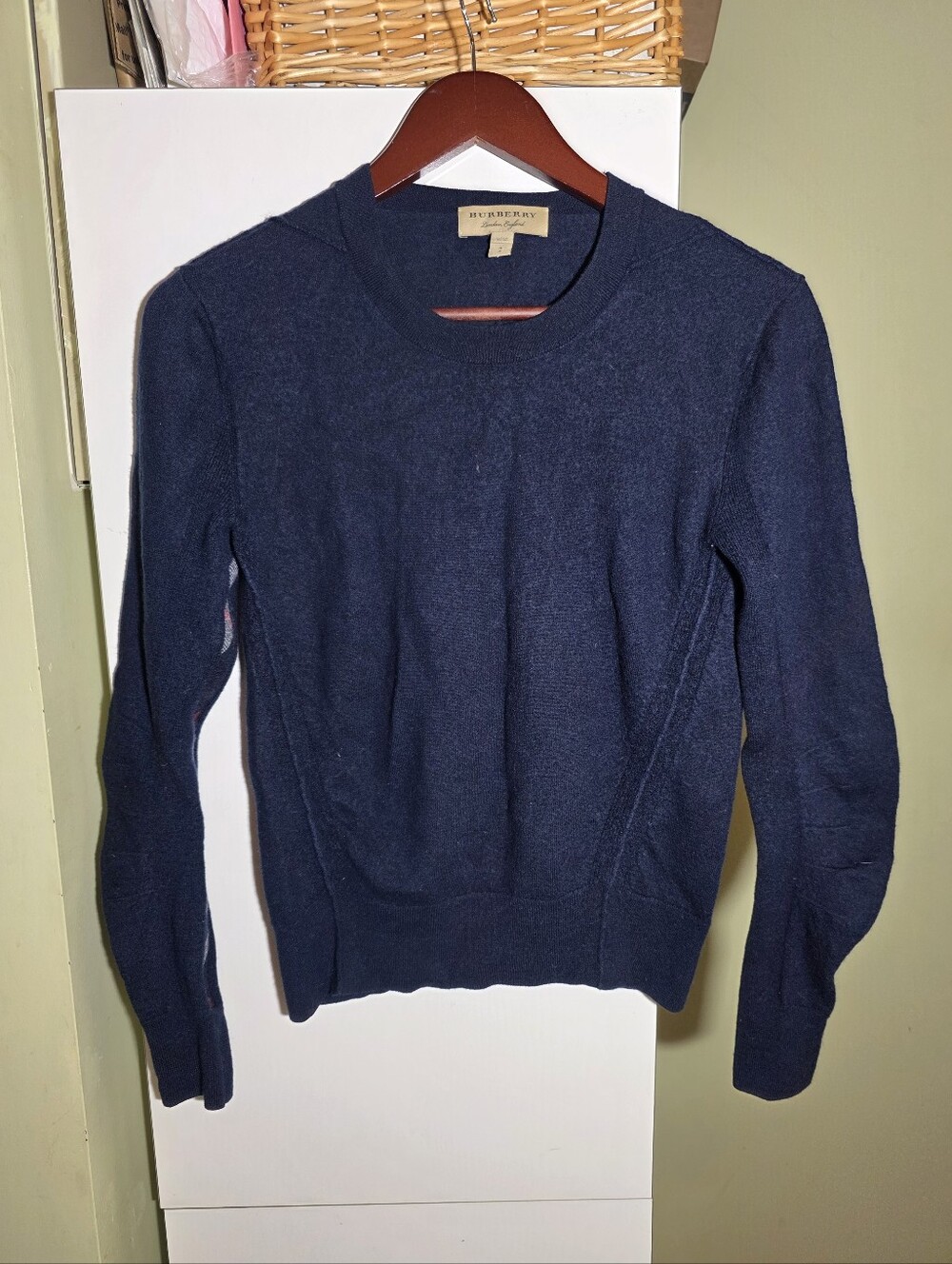 Burberry Navy Crewneck Knit Wool Sweater small nova check pattern on sleeve